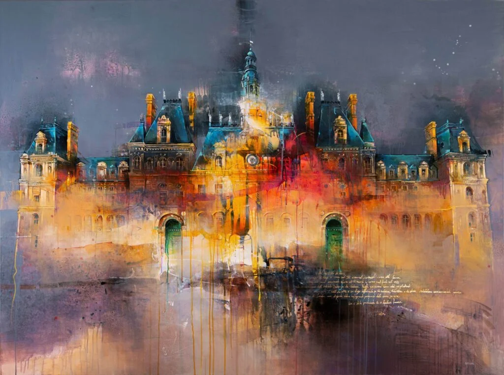 An abstract painting of a historic building with ornate architecture, featuring colorful splashes of paint and blurred edges. The artwork conveys a dreamlike quality with vibrant hues of orange, yellow, and blue.